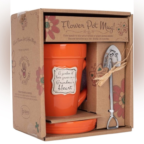 Other - Orange Flower Pot Mug with Spoon Gift for Grandma